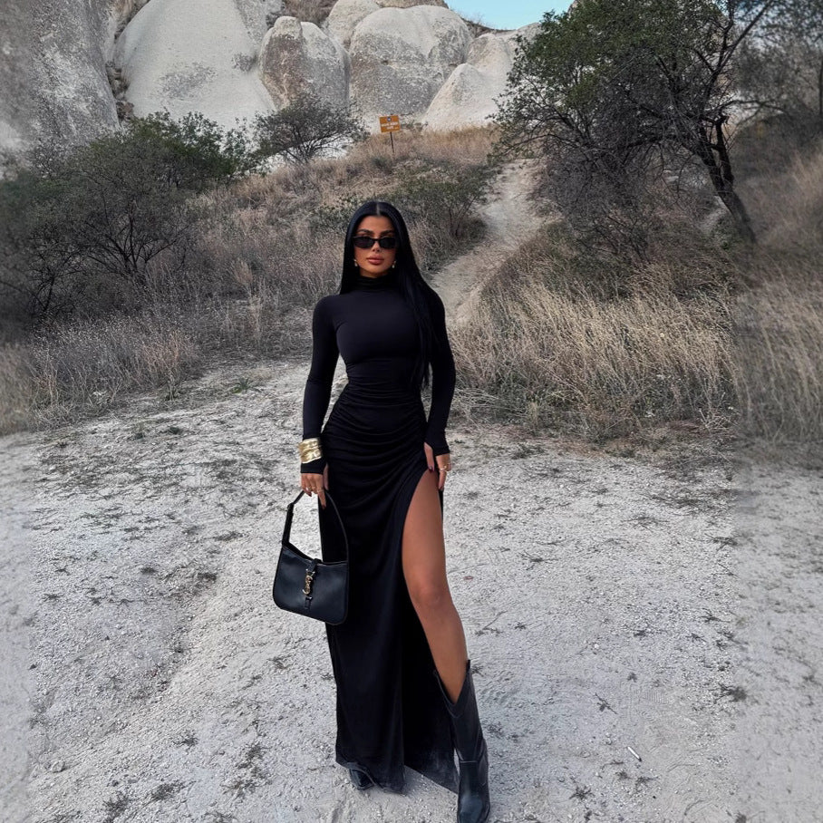 Autumn Stand Collar Long Sleeve Pleated Sexy Slit Hip Bag Dress Women