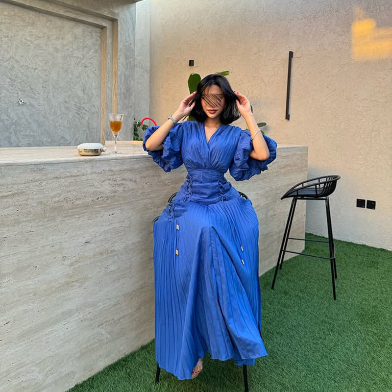 French Personalized Puff Sleeve Design V neck High Waist Tight Waist Design Maxi Dress Autumn Solid Color Women Dress