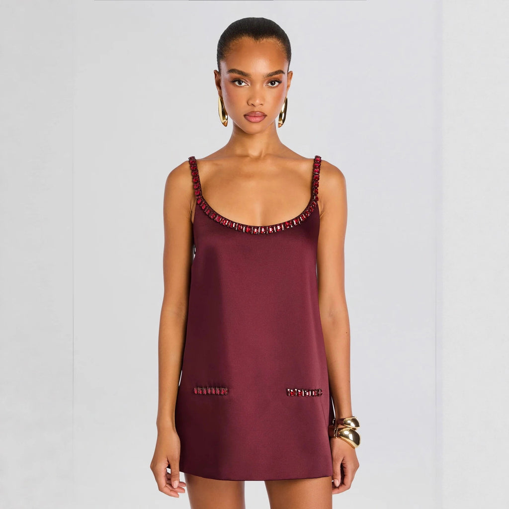 Spring Summer Rhinestone Satin Strap Dress Casual Vacation Short Dress