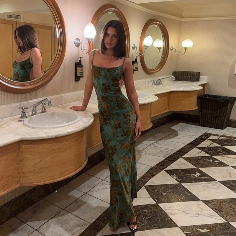 Robe maxi dos nu à bretelles floquée, imprimée automne, coupe ajustée, robe taille basse