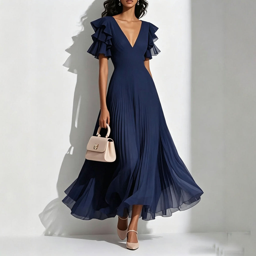 V neck Flounce Pleated Dress Women Elegant Graceful Waist Controlled Large Hem Dress