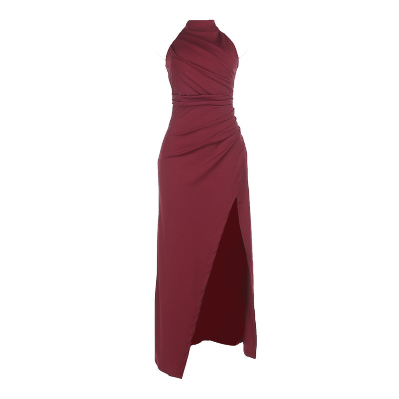Women Evening Split Halter Party Pleated Dress