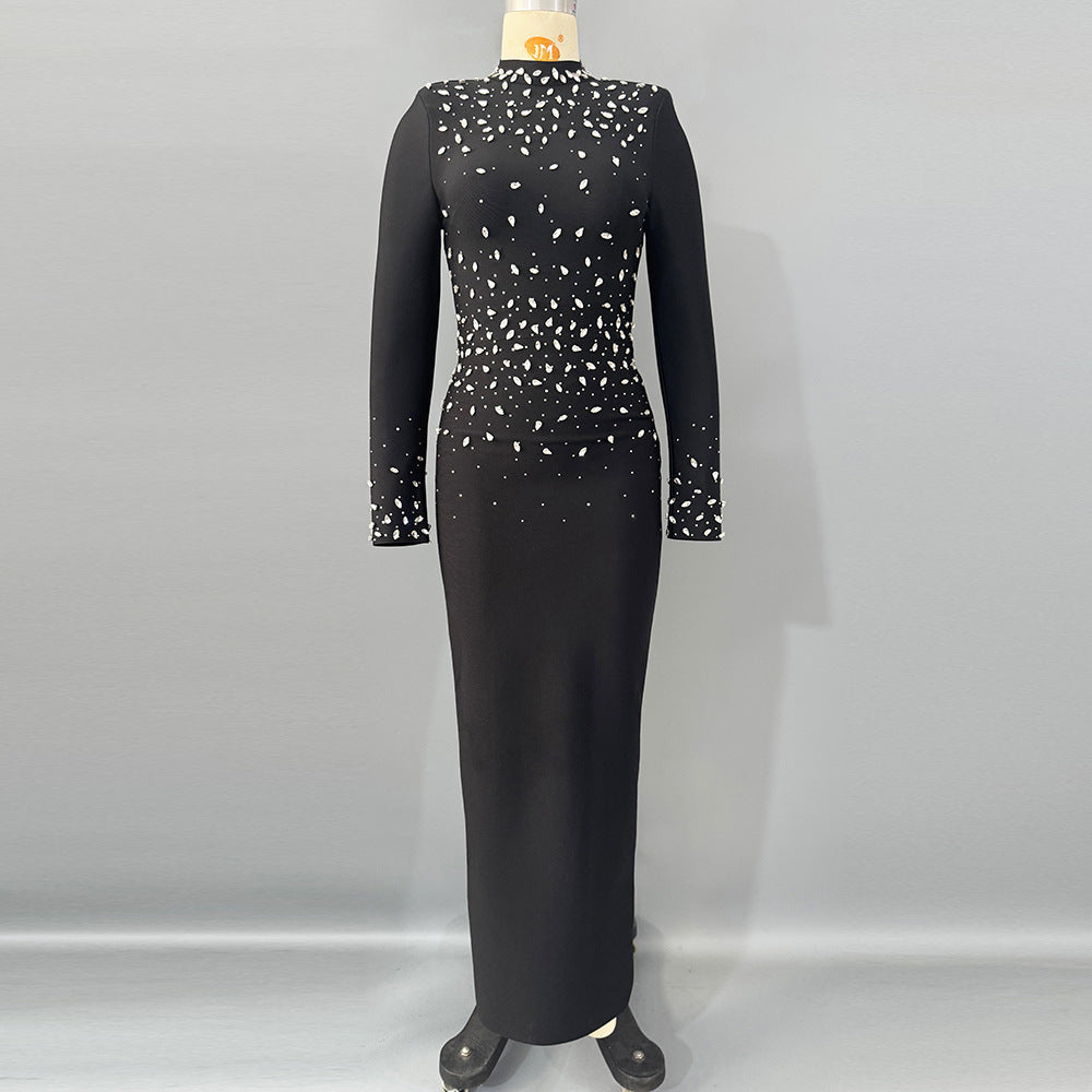 Elegante vestido de fiesta de cóctel de noche con mangas largas y diamantes de imitación para mujer