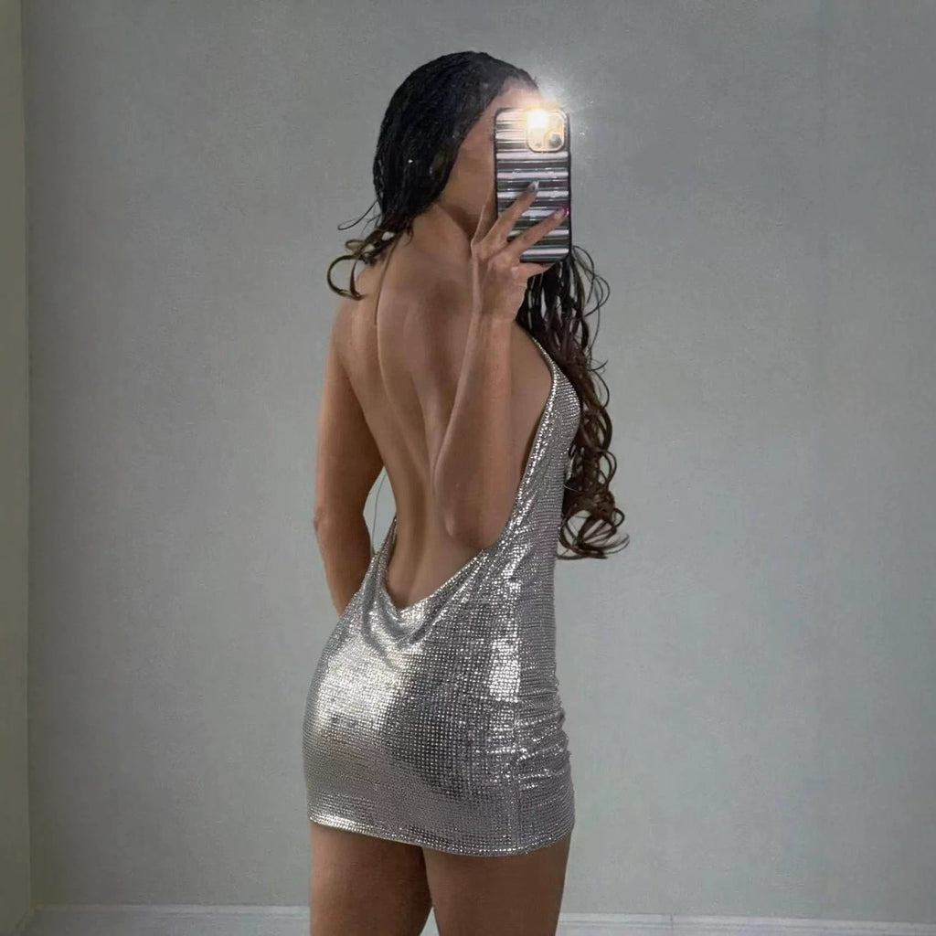 Electronic Music Festival Sexy Glossy Swing Collar Halter Backless Strap Aluminum Sheet Dress