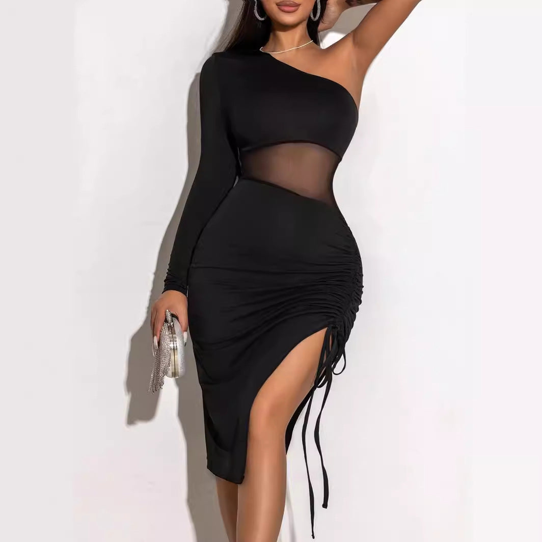 Vestido de verano ajustado con cordón transparente y manga larga con encaje de malla para moldear el cuerpo