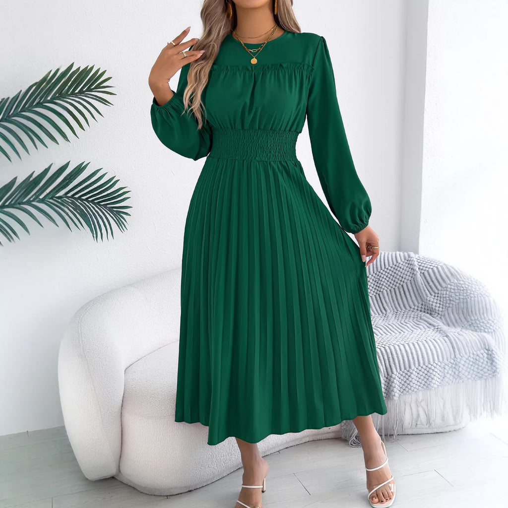 Robe élégante printemps-été à oreilles de bois, manches longues et taille plissée