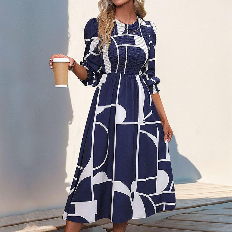 Robe imprimée à manches longues et smocks pour femme, collection automne-hiver