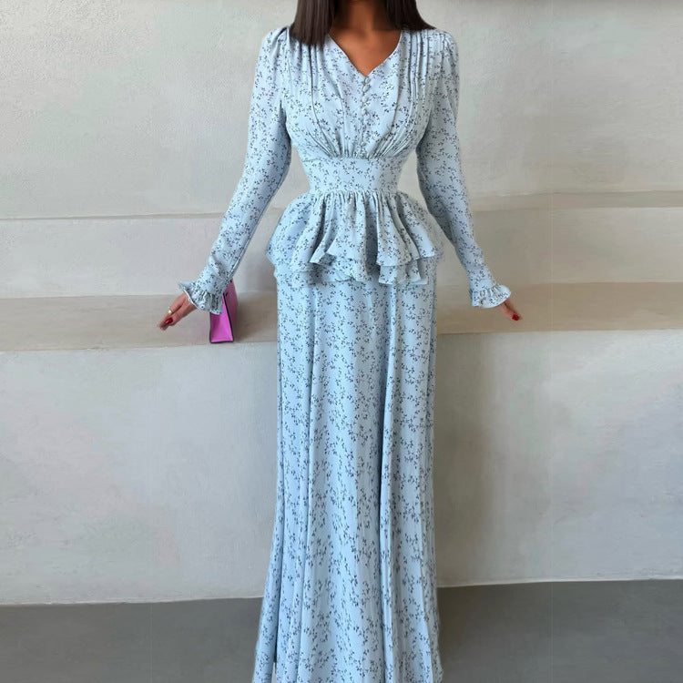 Women Clothing Waist Controlled Ruffled V neck Long Sleeve A line Dress Printed Maxi Dress Floral Dress