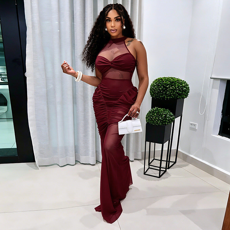 Women Clothing Summer Solid Color Casual Mesh Stitching Sleeveless Twisted Pleated Maxi Dress