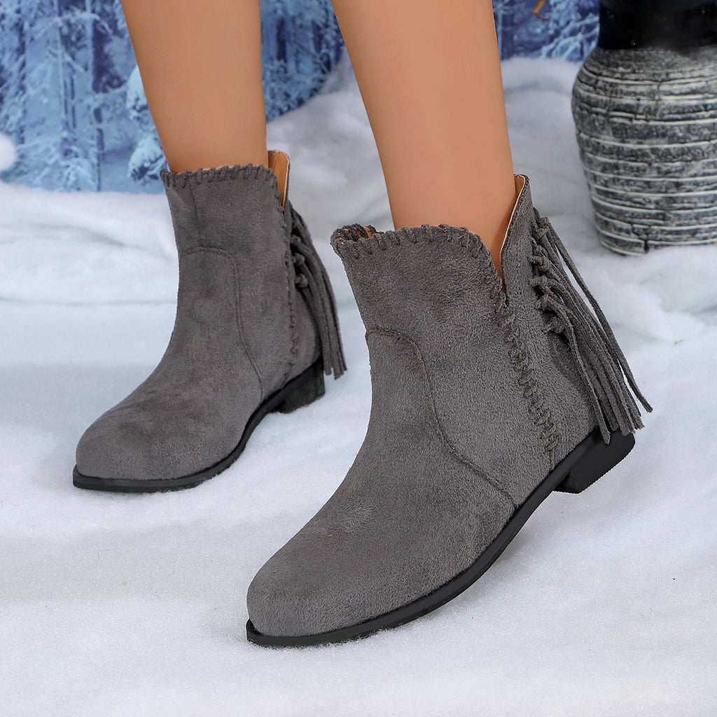 Women Shoes Autumn Winter Woven Tassel Suede round Toe Sleeve Low Heel Chelsea Ankle Boots