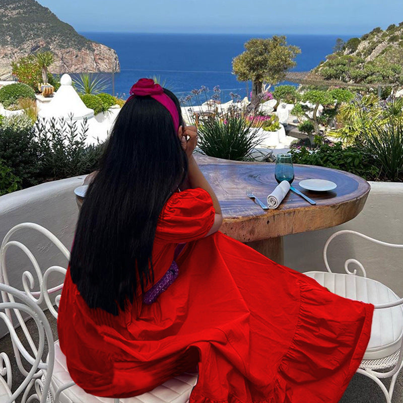 Women Clothing Summer Fashion Short Sleeve V-neck Solid Color Bohemian Maxi Dress