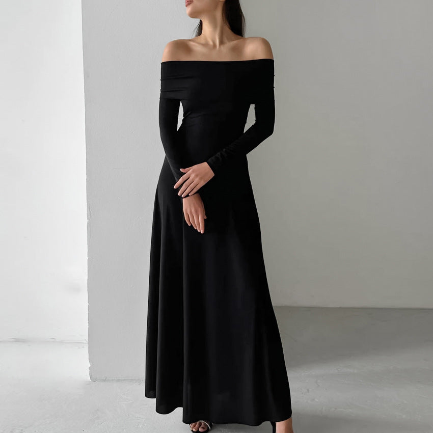 Vestido de otoño de punto cepillado francés, ajustado, con cuello descubierta y cintura alta