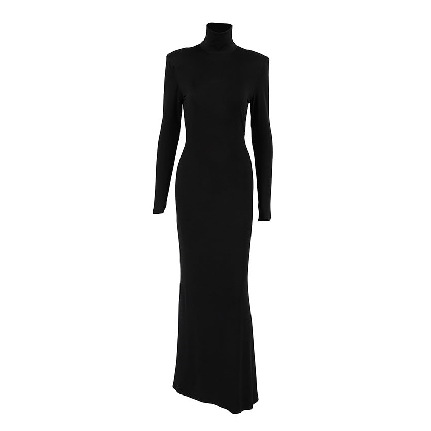 Vestido elegante de primavera negro sexy sin espalda de punto ajustado de manga larga con cuello alto para mujer