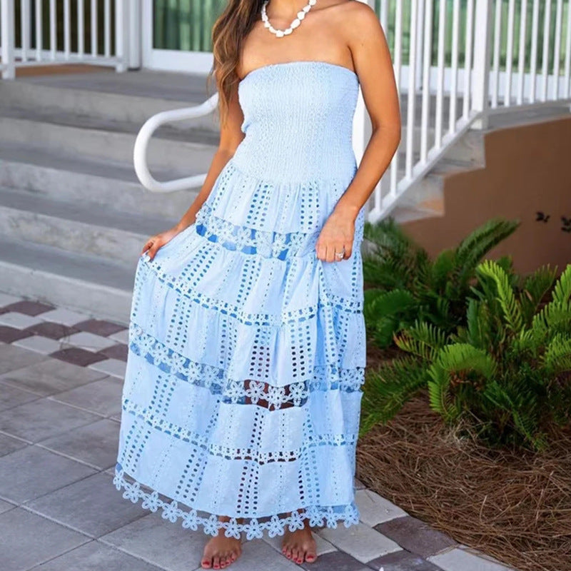 Casual Maxi Dress Spring High Sense Embroidery Hollow Out Cutout out Tube Top Dress Women Clothing