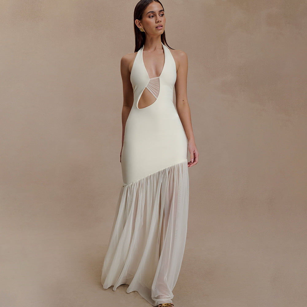 Vestido elegante para mujer, estilo halter, sexy, con escote plisado y espalda descubierta.