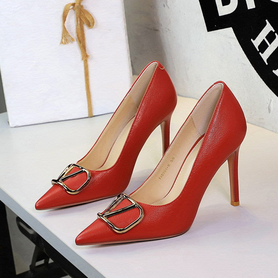 Metal V Buckle Pointed Toe Sexy Super High Heel Stiletto Heel Slip on Pana Pattern Pumps Women