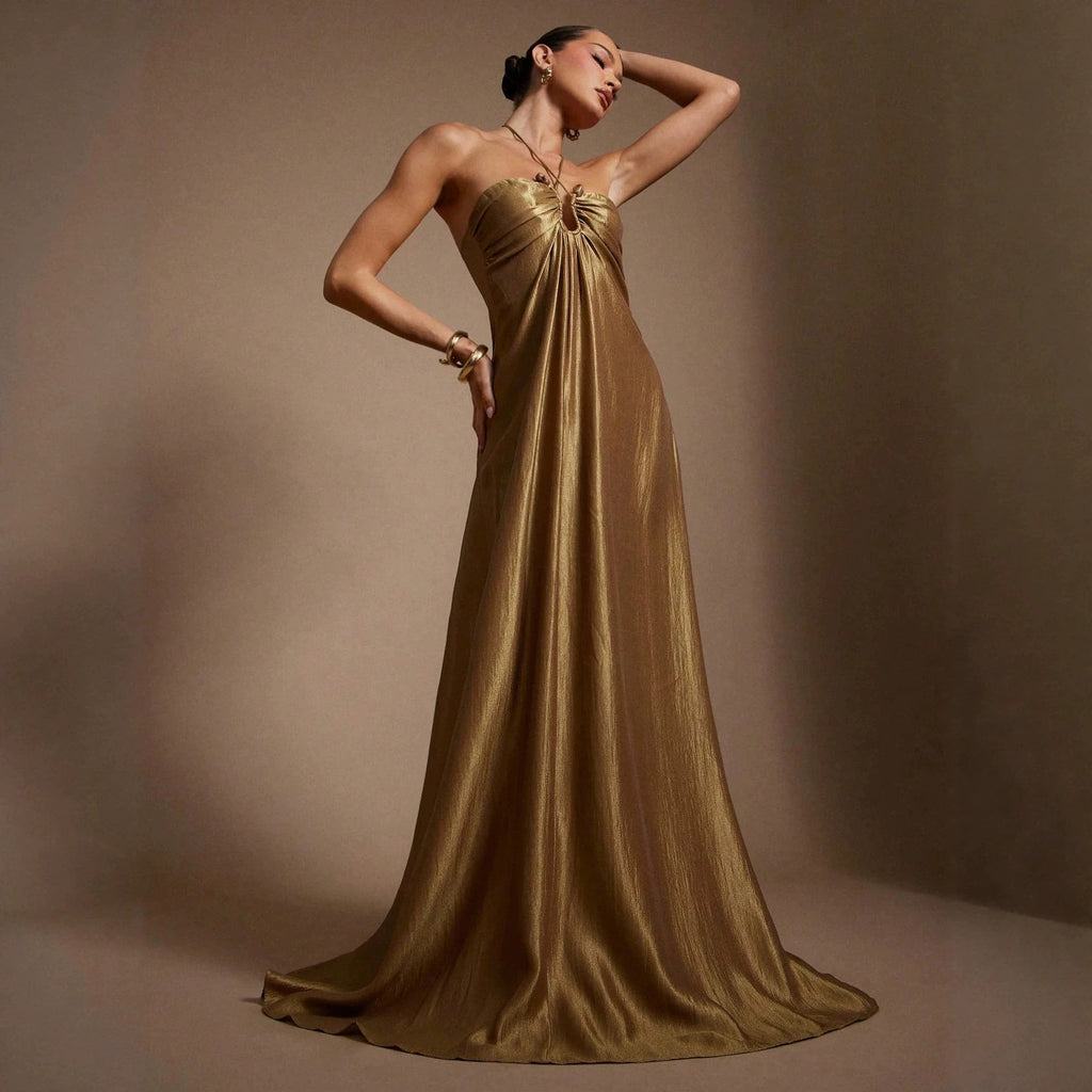 Vestido maxi de verano halter sin mangas, sin espalda, entallado que realza la figura, color sólido