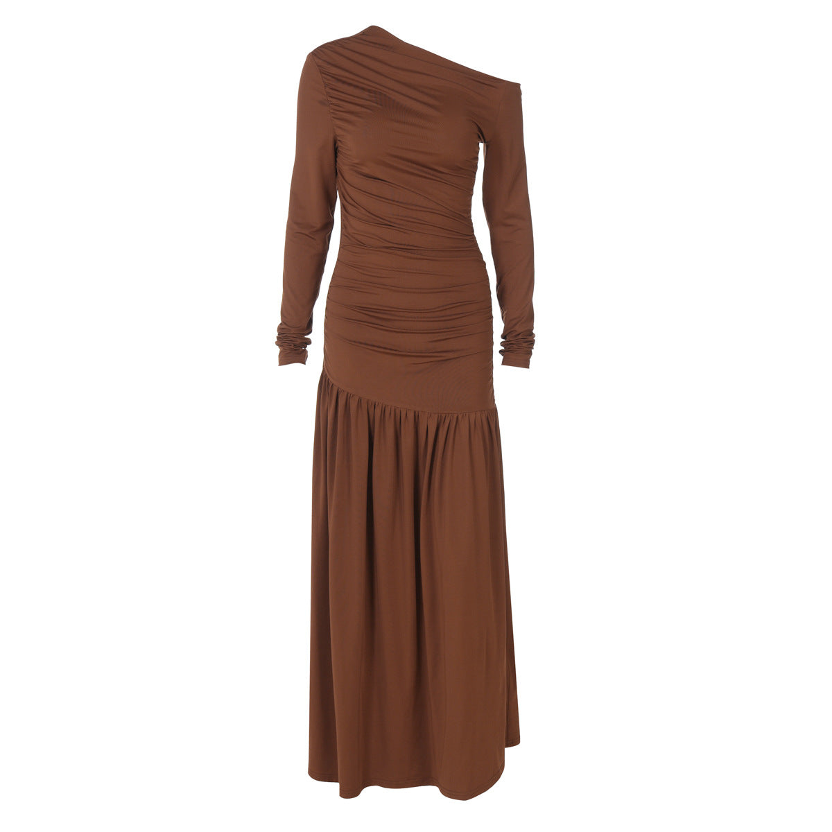 Women Clothing Autumn Solid Color One Shoulder Cold Shoulder Long Sleeve Stitching Dress