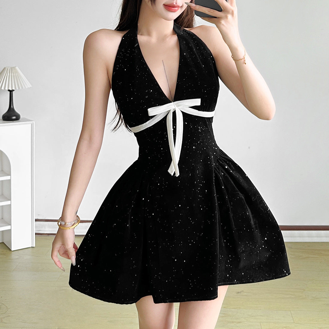 Vestido elegante de otoño e invierno para mujer, estilo socialité, con cuello halter, espalda descubierta y escote en V, con lazo en la cintura.