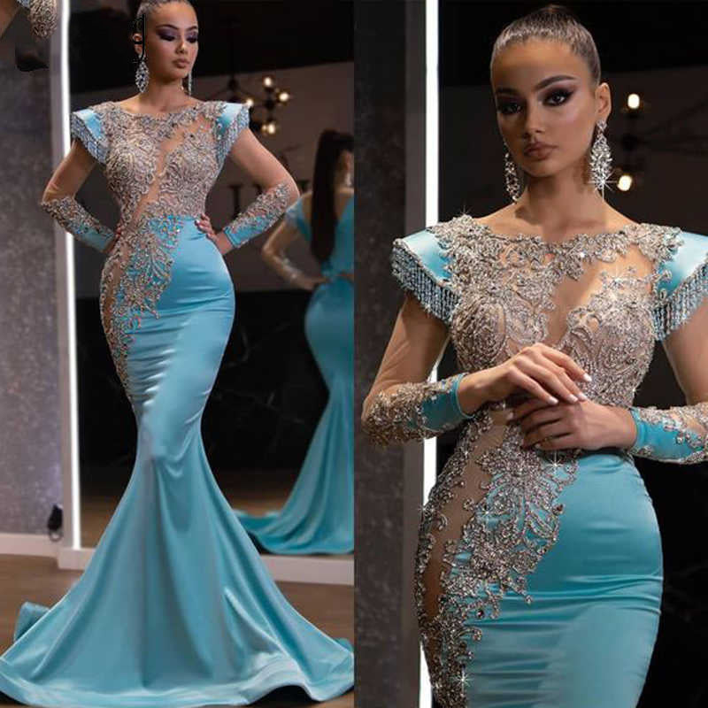 Daily Light Blue Fishtail Banquet Long Alluvial Gold Series Slimming Annual Party Evening Dress Women