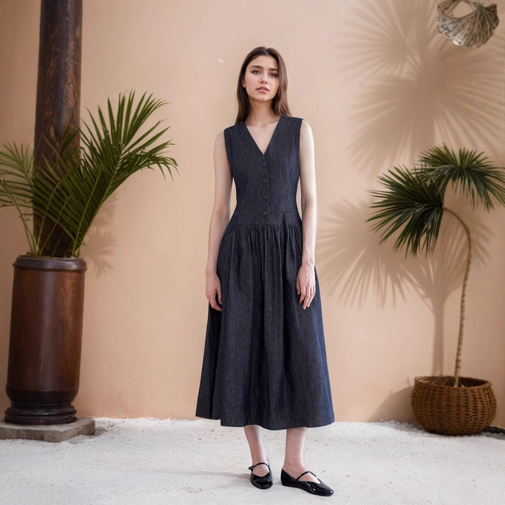 Robe midi d'été à col V et poches, style simple, élégant et décontracté, sans manches