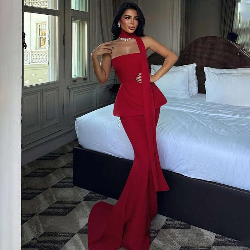 Vestido tubo con lazo ajustado de color liso sin espalda sexy para mujer de otoño e invierno