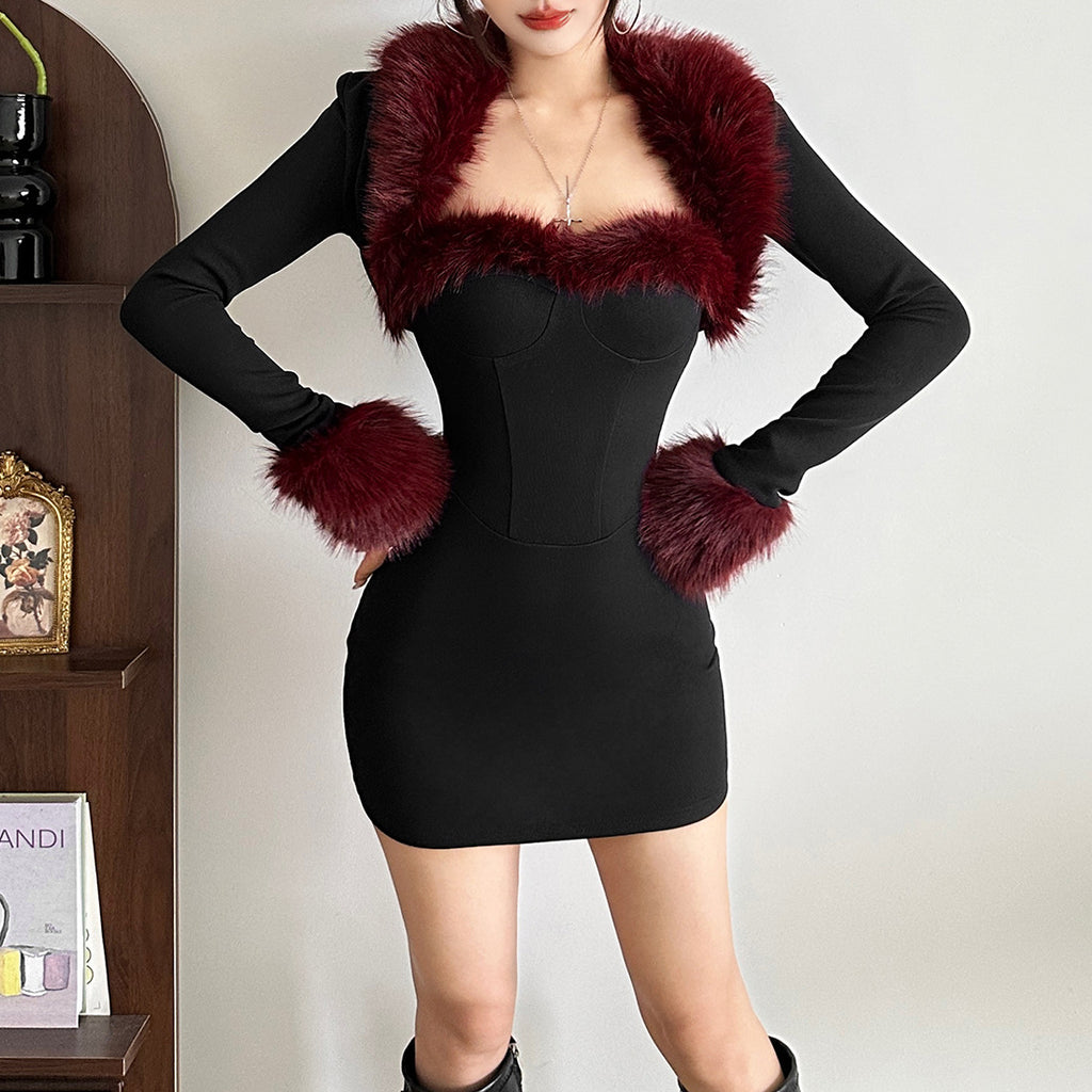 Autumn Winter Women Clothing Sexy Dignified Sense of Design Plush Stitching Long Sleeve Narrow Dress Set for Women