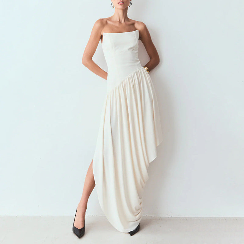 Elegant Sexy Pleating Dress Women Sleeveless Tube Top Design Irregular Asymmetric Dress Solid Color Dress