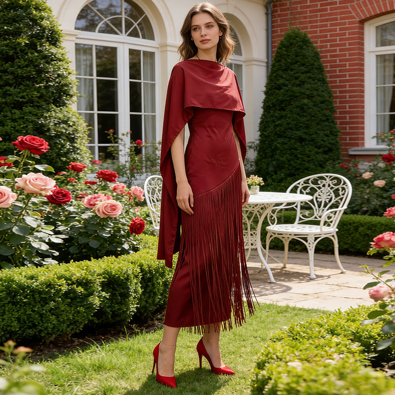 Spring Elegant Retro Faux Two Piece Long Skirt Shawl Design Tassel Dress Swing Dress Women