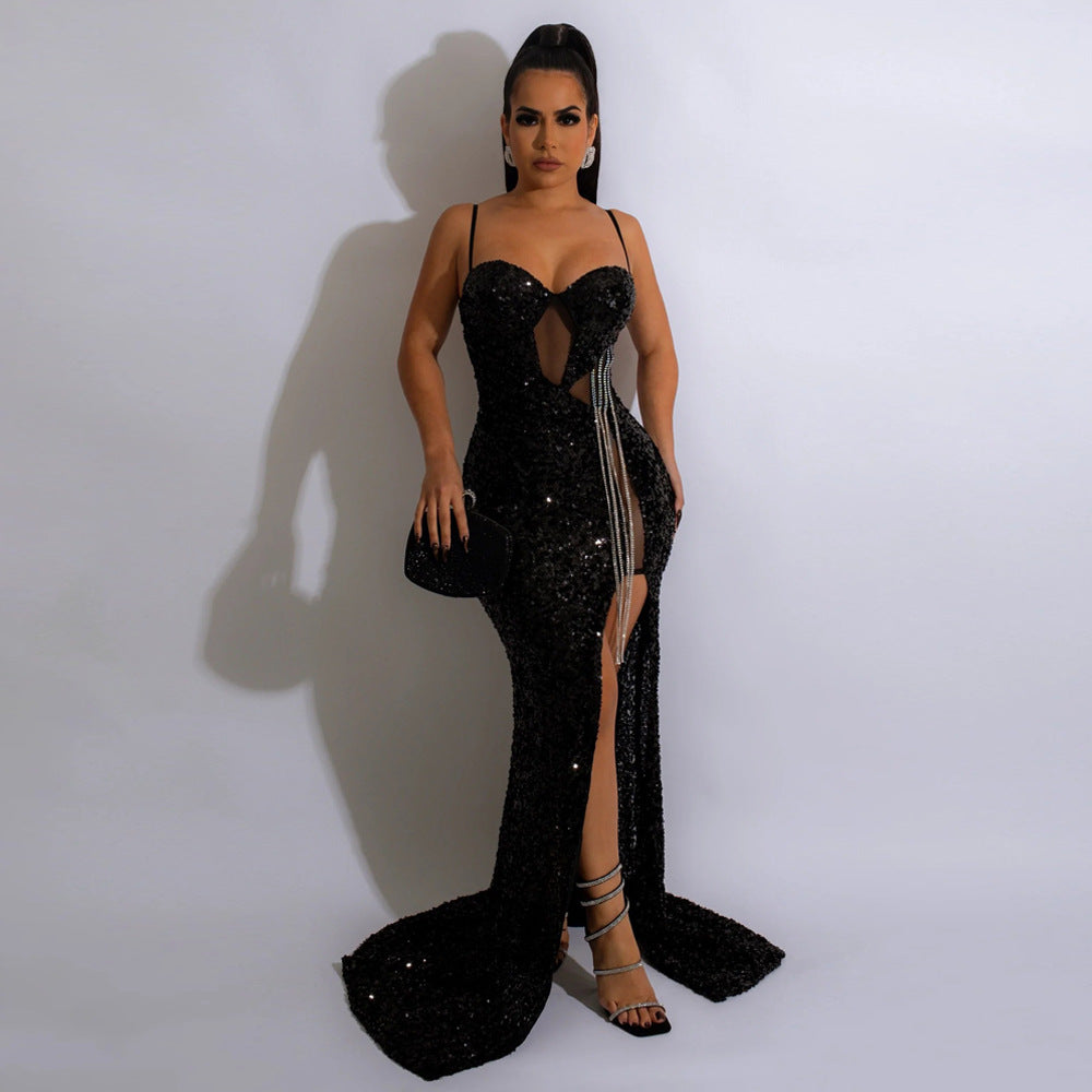 Women Clothing Sexy Spaghetti Straps Sleeveless Sequined Dress Split Dress