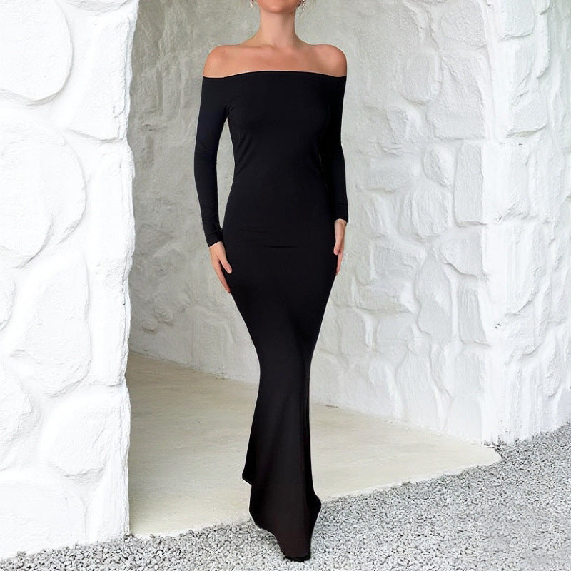 Robe de soirée maxi dos nu, sexy et moulante à manches longues, robe sexy à volants