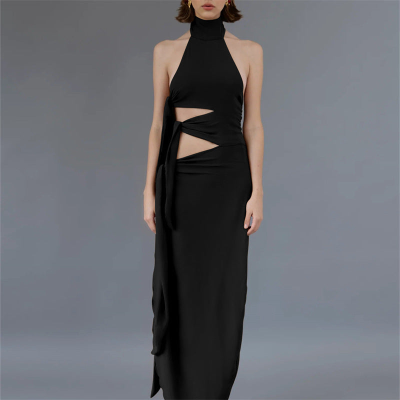 Vestido halter largo con abertura y tirantes finos, sexy, con espalda descubierta y corte calado para mujer