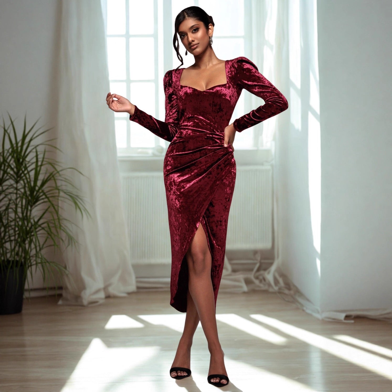Women Clothing Diamondmax Velvet Party Dress Slim Fit Sheath Long Sleeve Dress