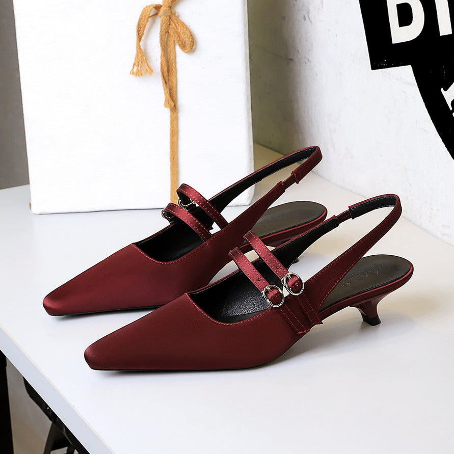 Korean Pointed Toe Strap Hollow Out Cutout Back Shoes Back Strap Comfortable Low Heel Pumps Low Cut Wine Cup Heel Satin Women Shoes