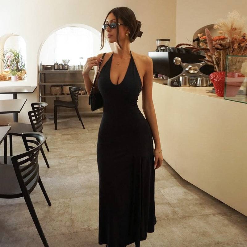 Women Clothing Summer Sexy Low Cut U Collar Halter Lace up Backless Dress