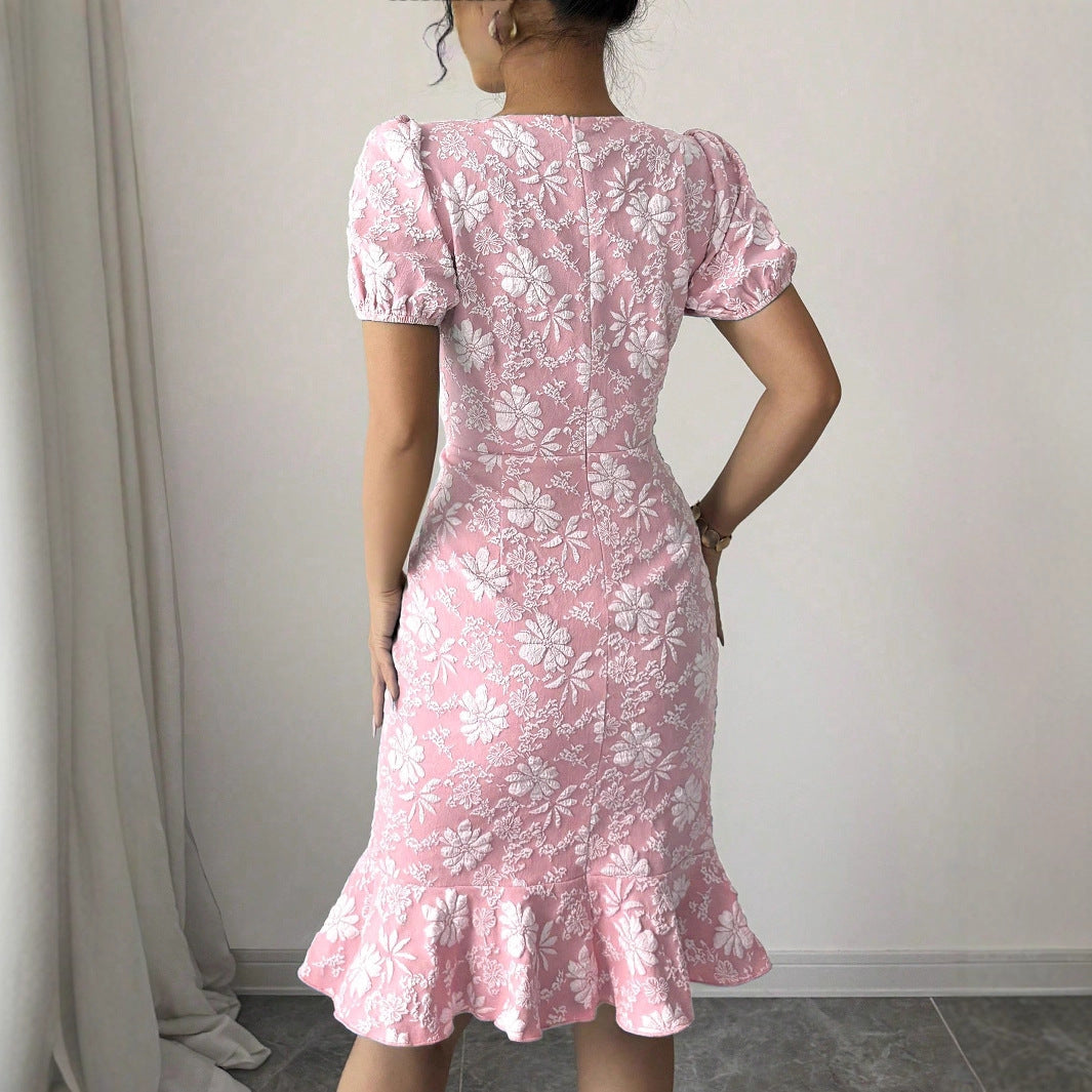 Summer Package Hip Fishtail Dress Office Printing round Neck Dress