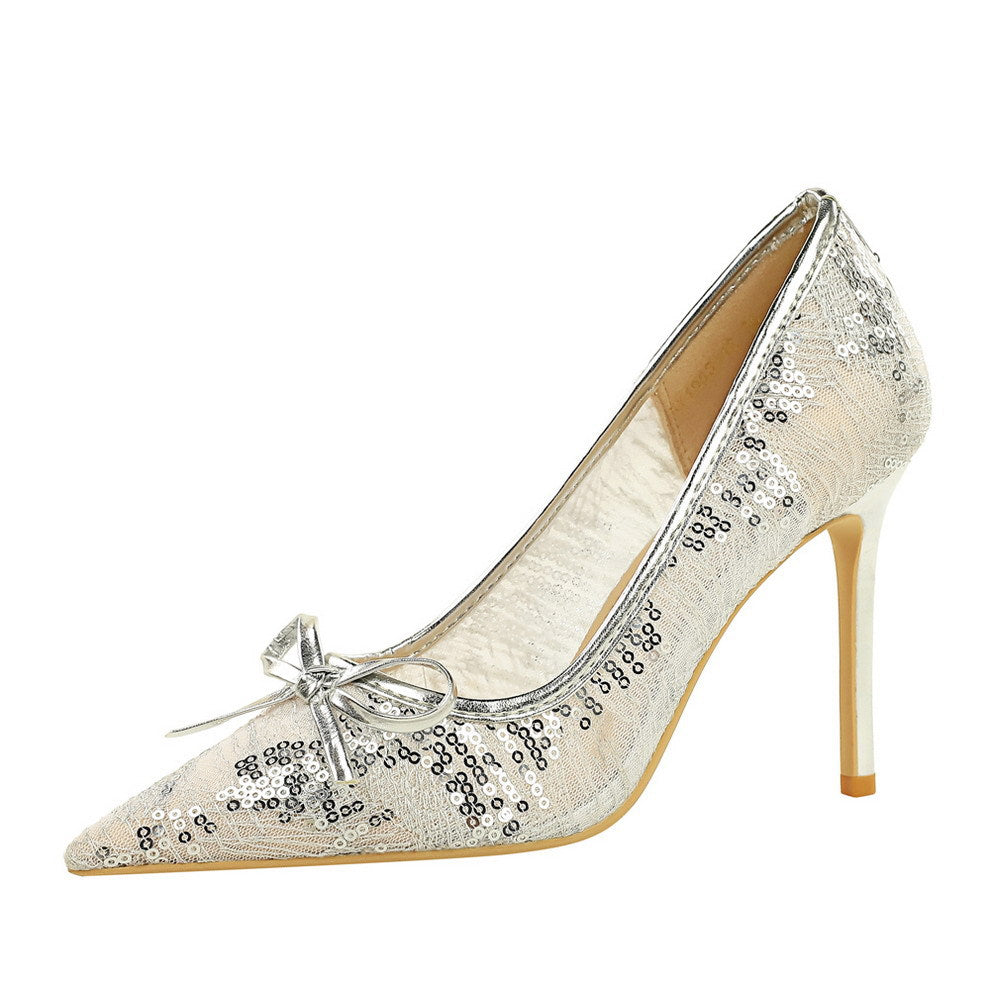 Sexy Party Lace Sequ Decorative Bowknot Slip on Super High Heel Pointed Toe