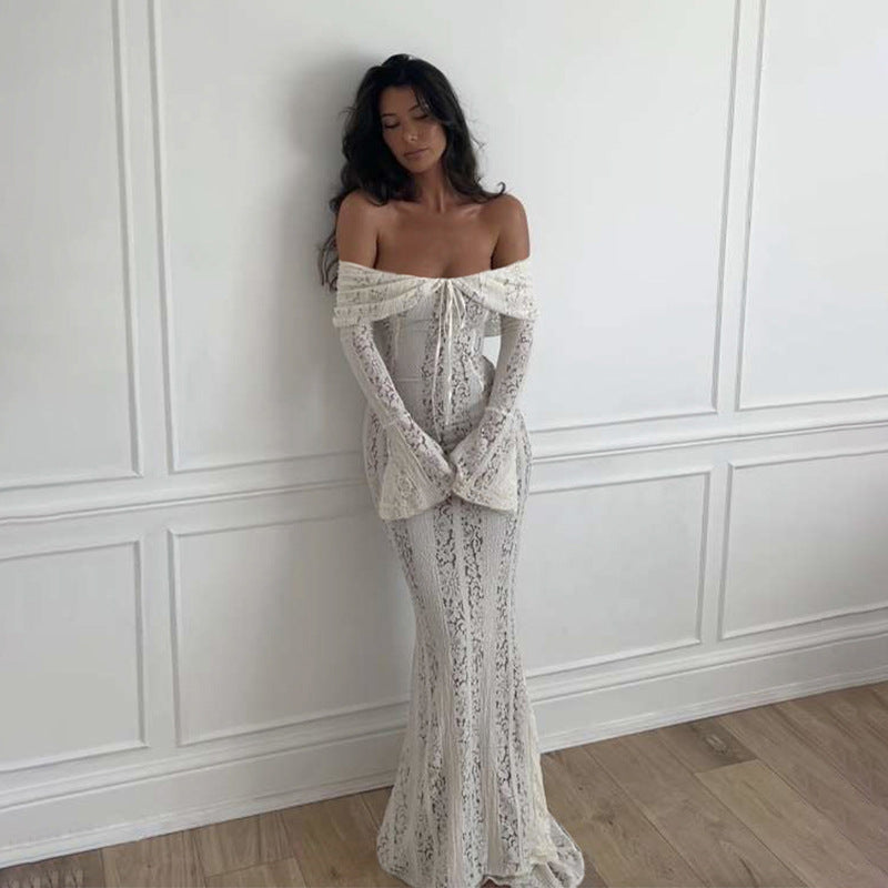 Ropa de otoño e invierno para mujer, escote pronunciado, sexy, de manga larga, hombros descubiertos, encaje, ahuecado, corte entallado, cola de pez