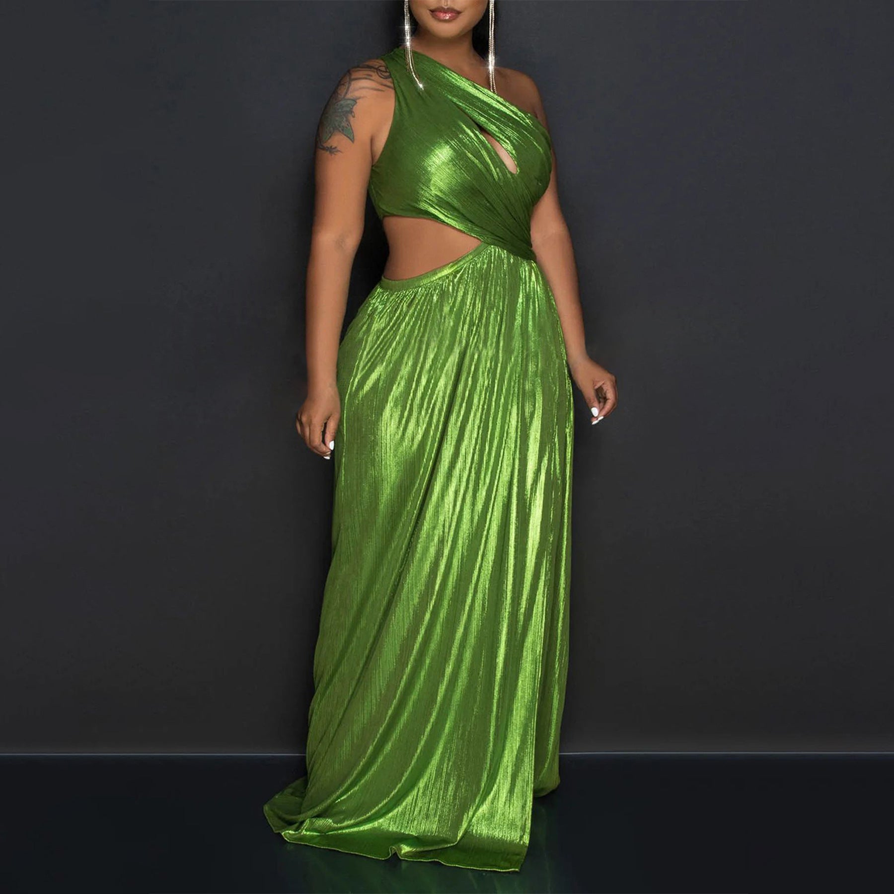 Women Clothing One Shoulder Evening Dress Sexy Slit Waist-Baring Dress