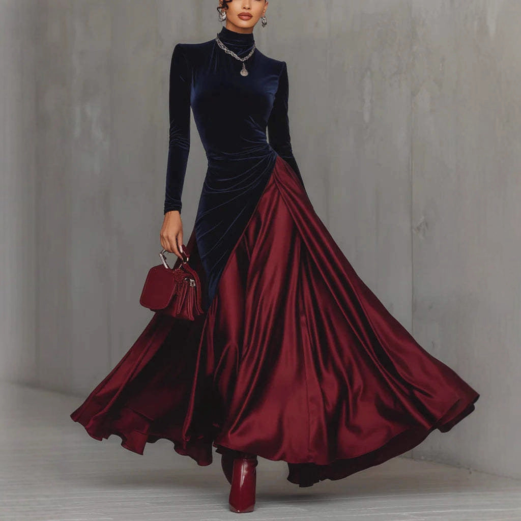 Vestido elegante de primavera con cuello alto, costuras de terciopelo y dobladillo grande tipo paraguas.