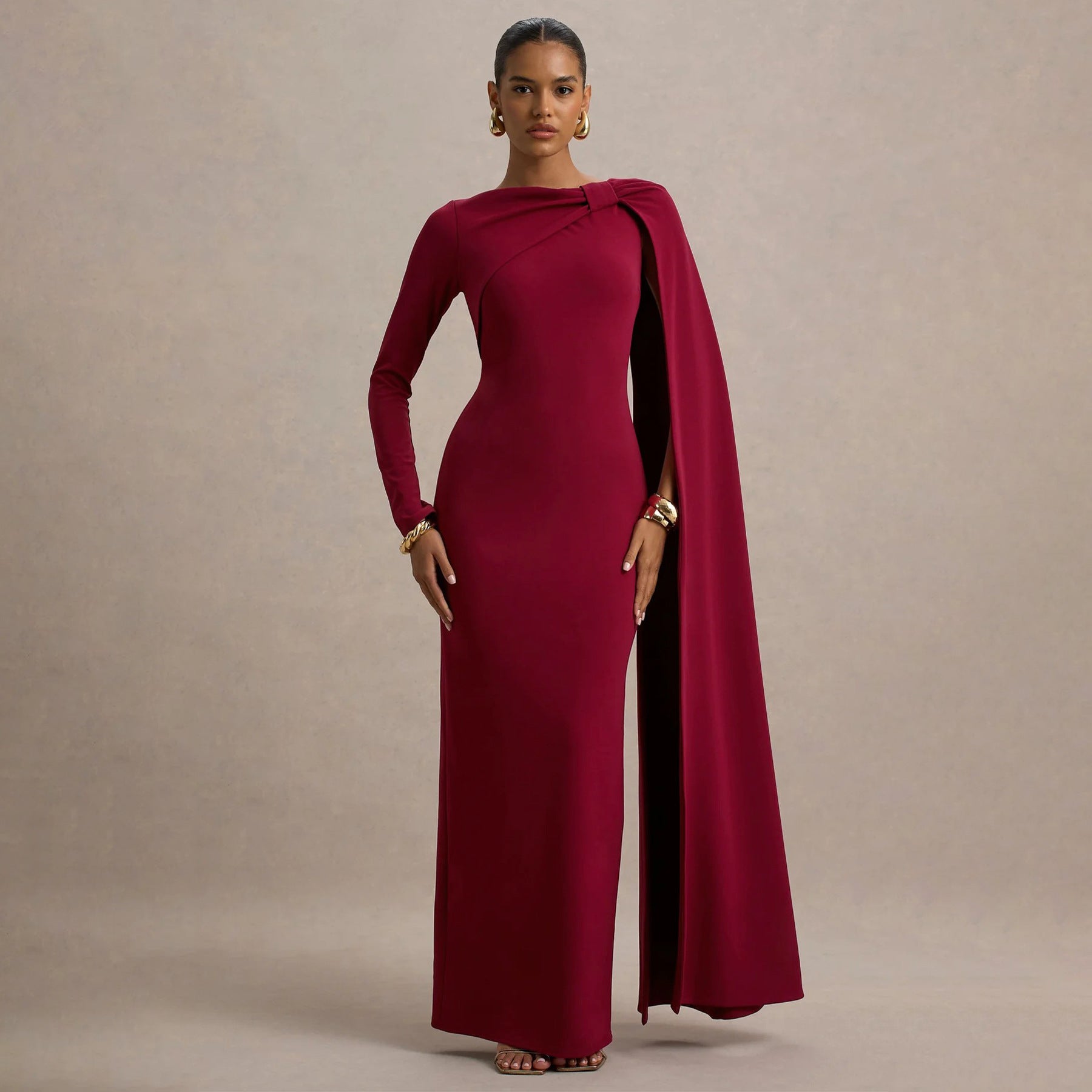 Women Wear One Shoulder Ribbon Evening Dress Long Sleeve Sexy Sheath Dress