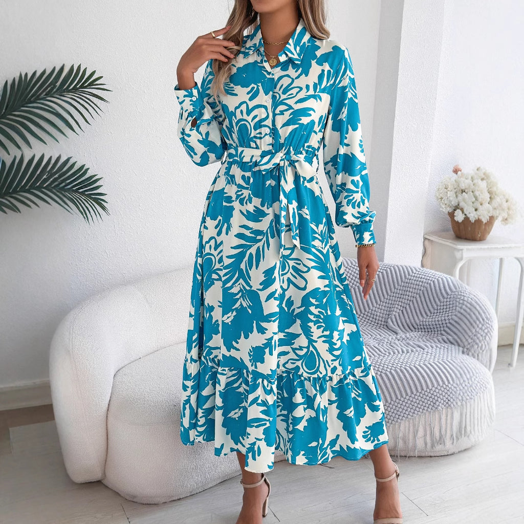 Spring Summer Casual Floral Long Sleeve Shirt Ruffled Maxi Dress Women Clothing