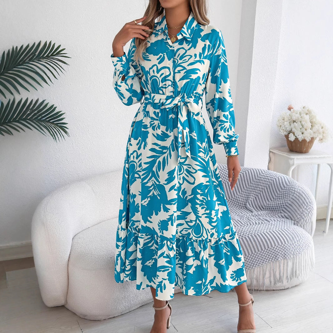 Spring Summer Casual Floral Long Sleeve Shirt Ruffled Maxi Dress Women Clothing
