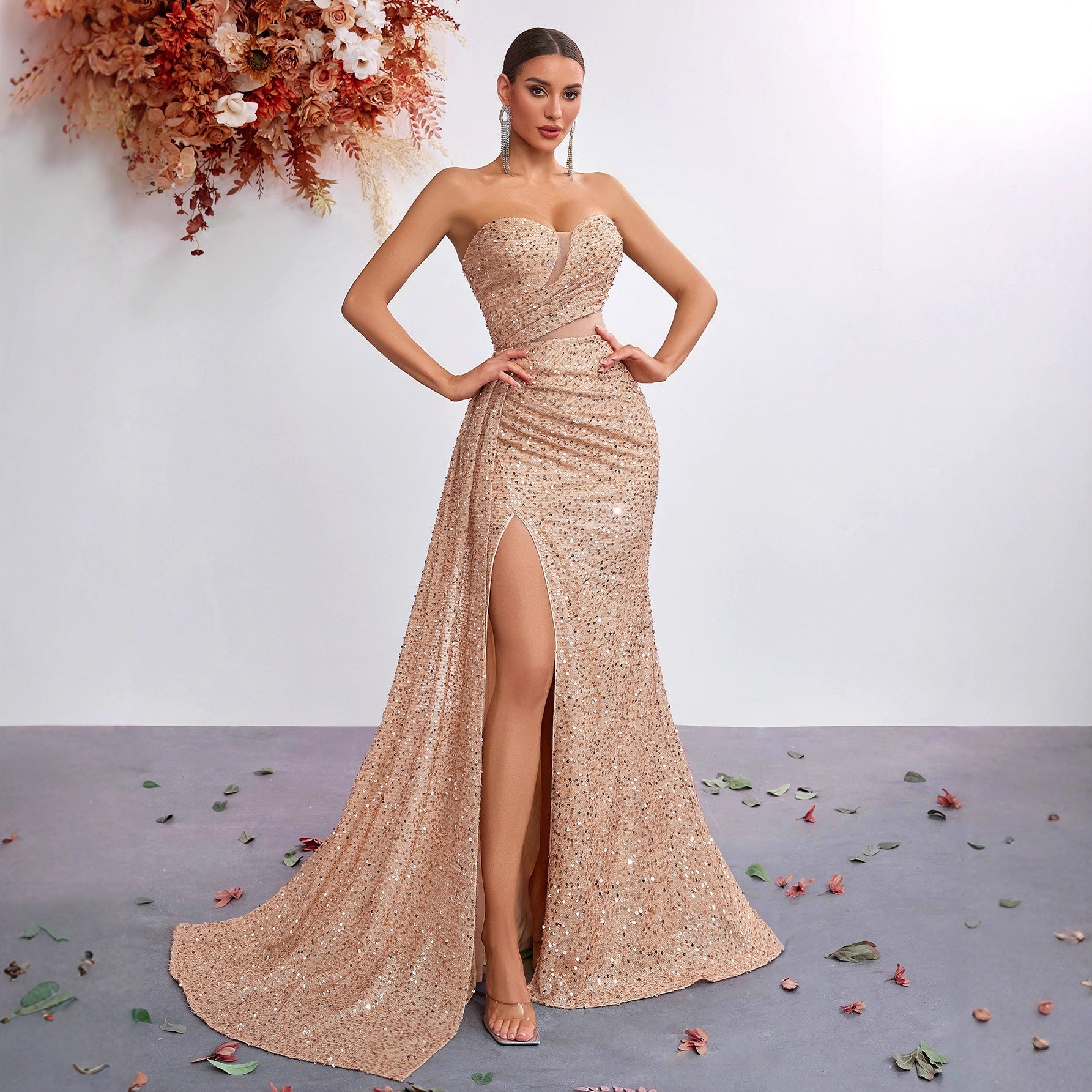 Light Luxury Sequ Tube Top Sexy High Waist Slit Fishtail Evening Dress Cocktail High Grade Socialite Dress