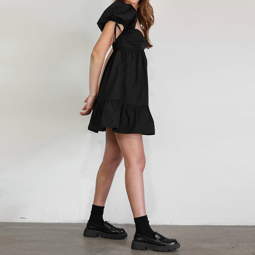 Black Cotton Square Collar Puff Sleeve off Shoulder Dress Summer Office Women Clothing
