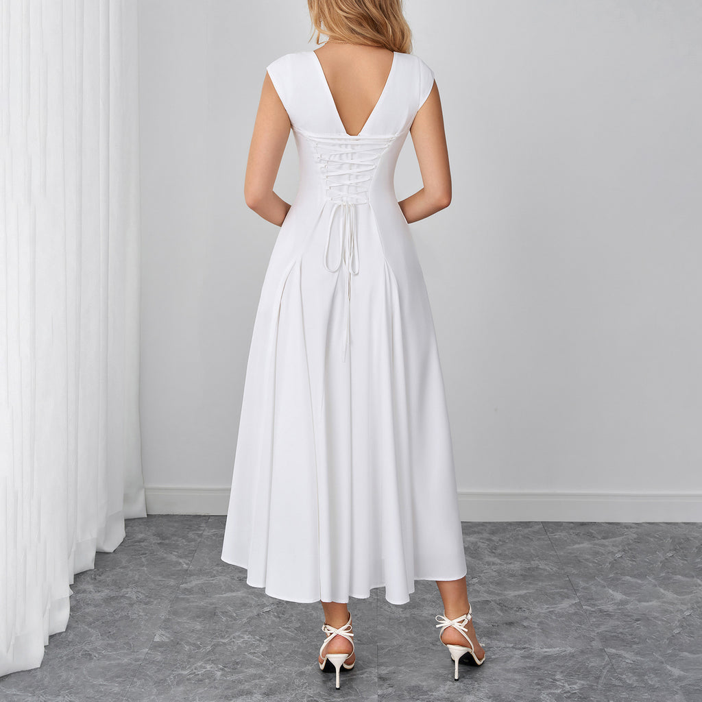 Elegant Stretch Strap Dress Sexy Backless Waist Trimming Lace up Long Dress