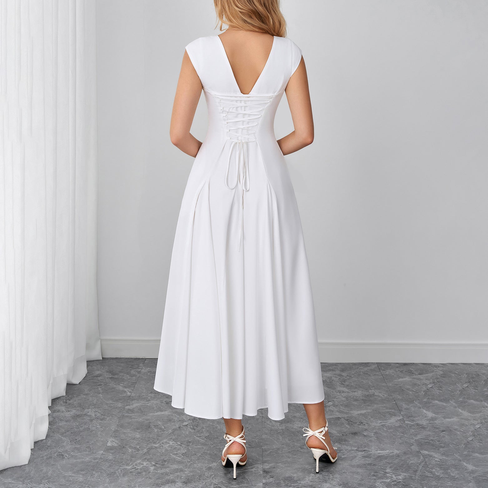 Elegant Stretch Strap Dress Sexy Backless Waist Trimming Lace up Long Dress