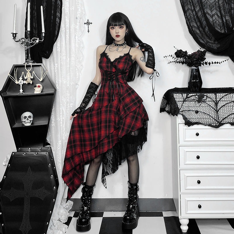Summer Sling Dark Irregular Asymmetric Stitching Hem Plaid Dress Women