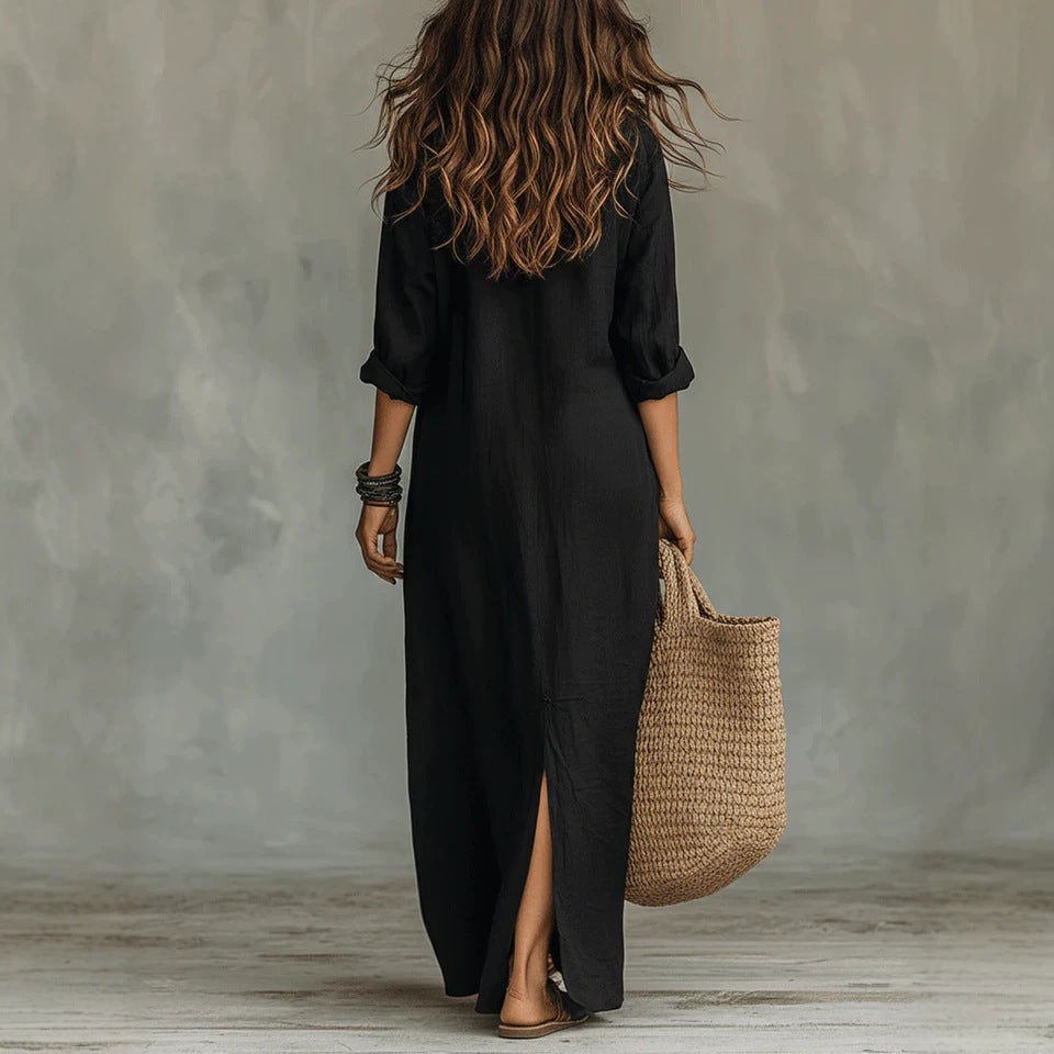 Vestido elegante para mujer con cuello camisero y abertura