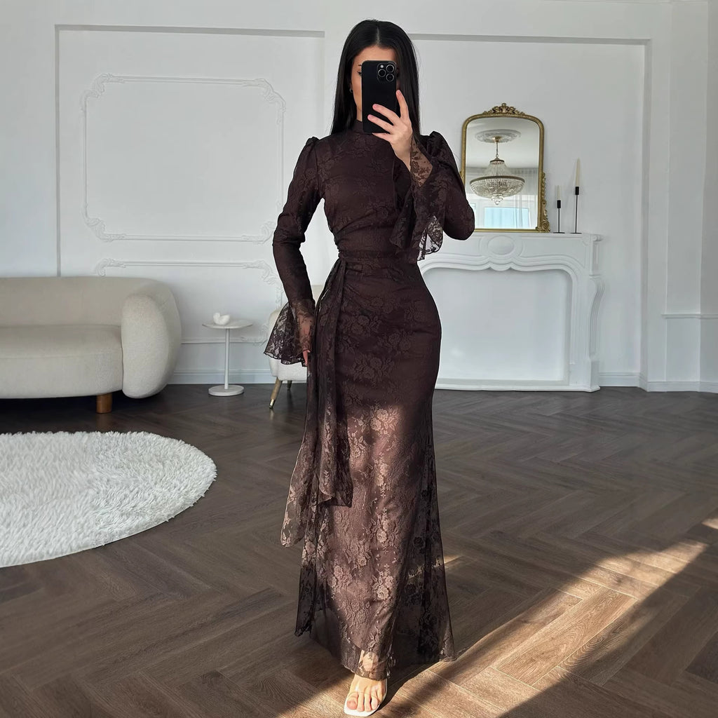 Automne Hiver Vêtements Femme Moyen-Orient Robe de soirée fourreau élégante en dentelle